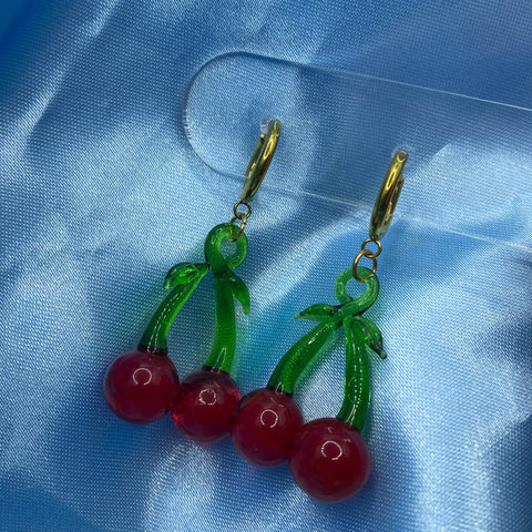 Glass Cherry Hoop Earrings