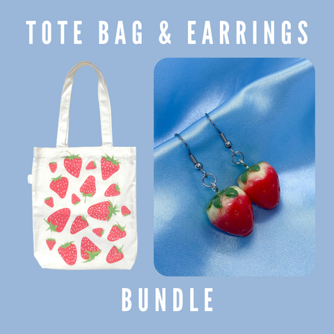 Strawberry Tote Bag and Earrings Bundle