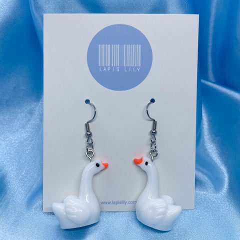 Resin white swan earrings with stainless steel earring hooks, clip ons, s925 sterling silver earring hooks