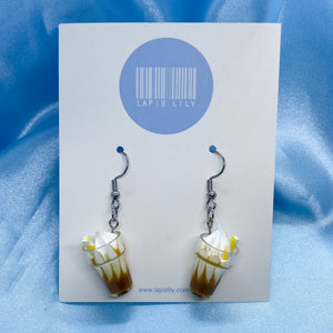 Resin caramel sundae earrings with stainless steel earring hooks, clip ons or sterling silver earring hooks