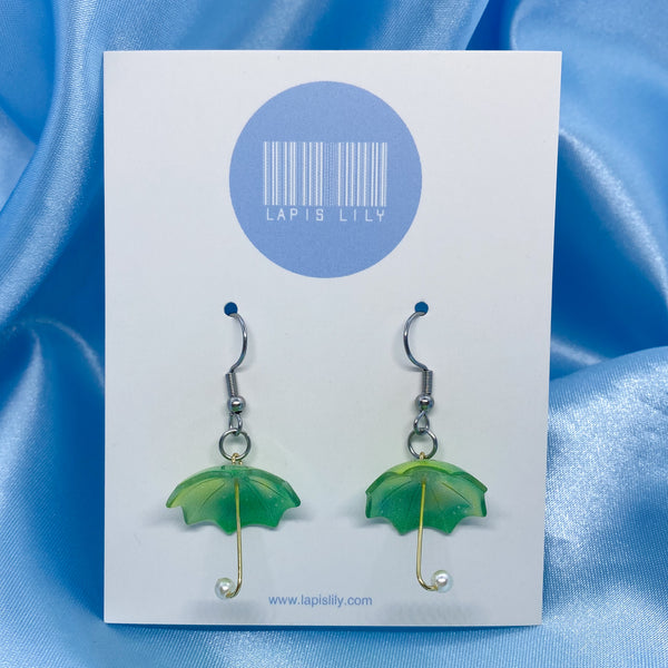 Green umbrella earrings with stainless steel earring hooks, clip ons, or s925 sterling silver earring hooks 