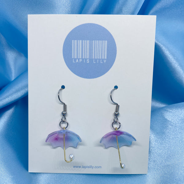Blue and purple umbrella earrings with stainless steel earring hooks, clip ons, or s925 sterling silver earring hooks 