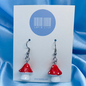 Mini red resin mushroom earrings with stainless steel earring hooks, clip ons, or s925 sterling silver earring hooks