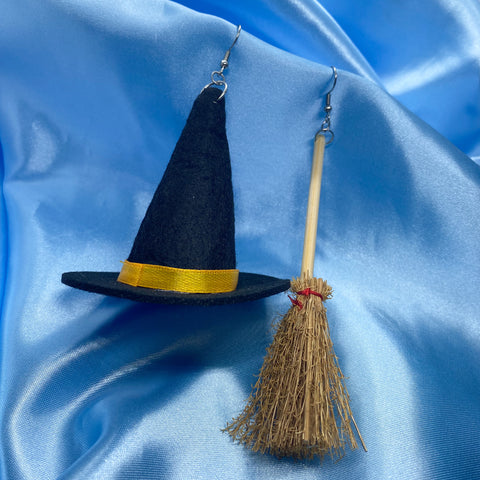 Halloween Witch Hat and Broom Earrings