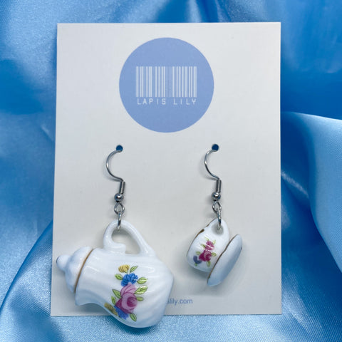 Ceramic asymmetrical teapot and cup earrings with stainless steel earring hooks, or s925 sterling silver earring hooks 