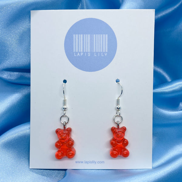Resin red gummy bear earrings with stainless steel earring hooks, clip ons, or s925 sterling silver earring hooks