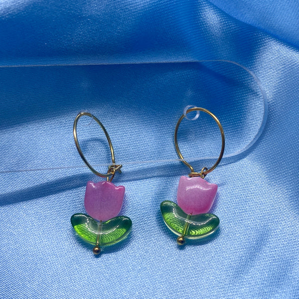 Pink Tulip Hoop Earrings