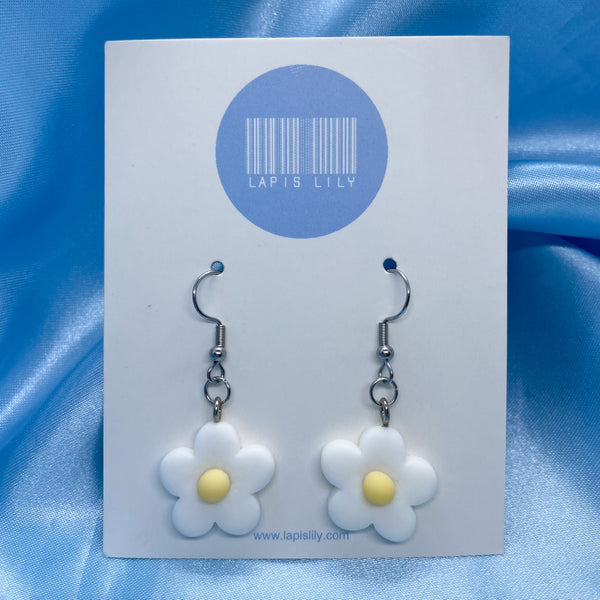 White resin flower earrings with stainless steel earring hooks, clip ons or s925 sterling silver earring hooks