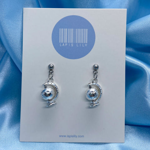 Spinning metal globe earrings with stainless steel studs or clip ons 