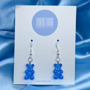 Resin blue gummy bear earrings with stainless steel earring hooks, clip ons, or s925 sterling silver earring hooks