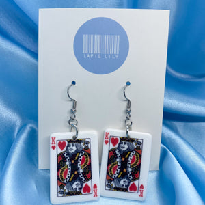 King playing card earrings with stainless steel earring hooks, clip ons, s925 sterling silver earring hooks