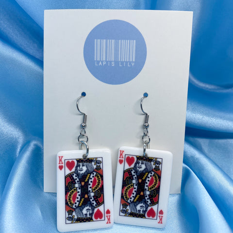 King playing card earrings with stainless steel earring hooks, clip ons, s925 sterling silver earring hooks