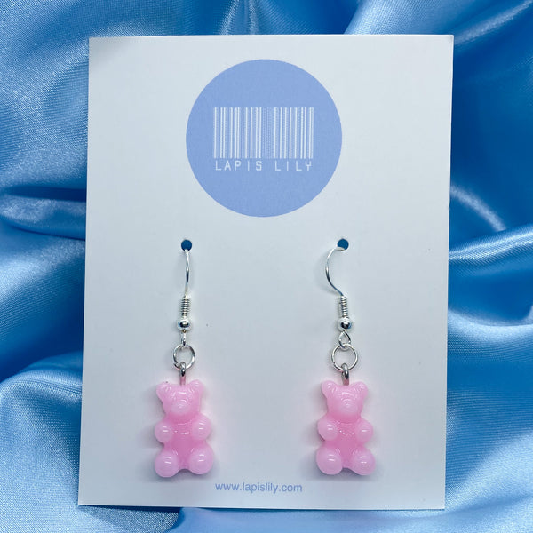 Resin opaque pink gummy bear earrings with stainless steel earring hooks, clip ons, or s925 sterling silver earring hooks