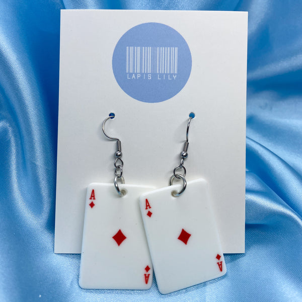 Red ace of diamonds playing card earrings with stainless steel earring hooks, clip ons, s925 sterling silver earring hooks