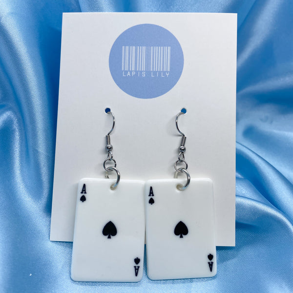 Black ace of spades playing card earrings with stainless steel earring hooks, clip ons, s925 sterling silver earring hooks