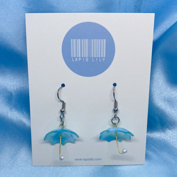 Blue umbrella earrings with stainless steel earring hooks, clip ons, or s925 sterling silver earring hooks 