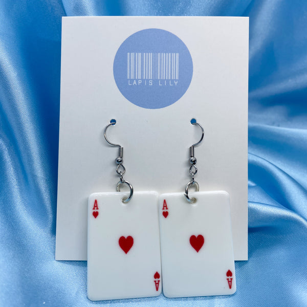 Red ace of heart playing card earrings with stainless steel earring hooks, clip ons, s925 sterling silver earring hooks
