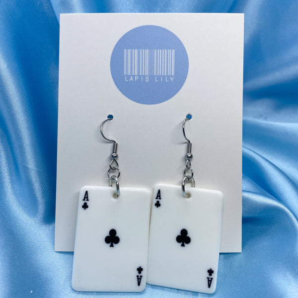 Black ace of clubs playing card earrings with stainless steel earring hooks, clip ons, s925 sterling silver earring hooks