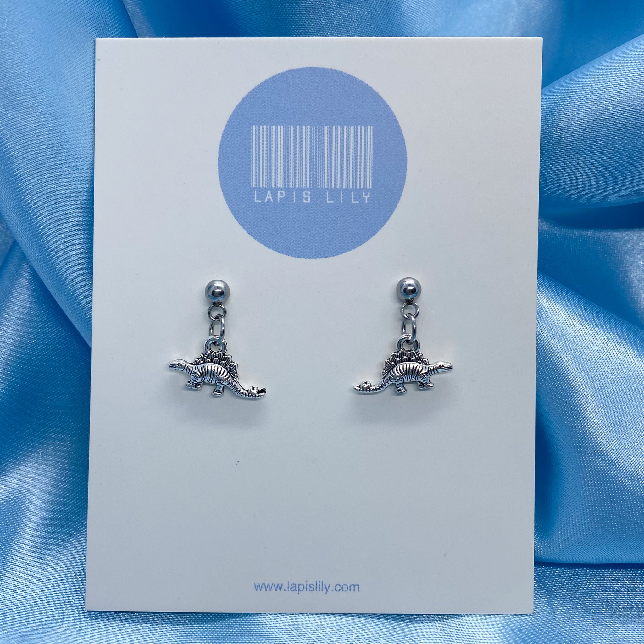 Mini metal dinosaur stud earrings with stainless steel studs or clip ons