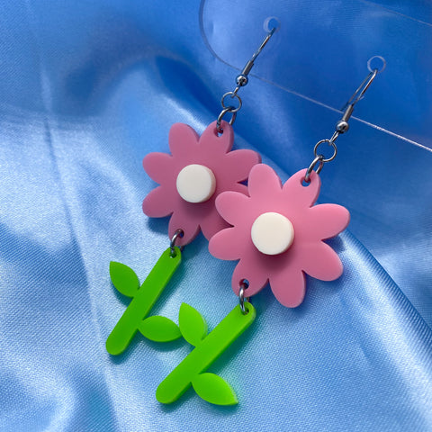 Flower with Stem Earrings - Pink